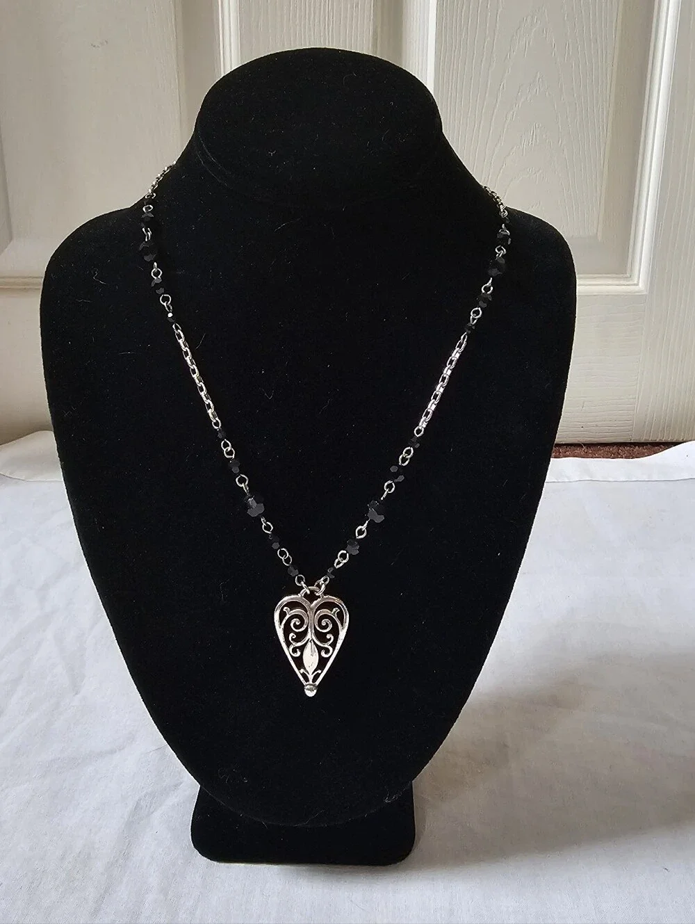 Brighton Milas Heart Necklace #7201 Retired Black Crystal Beaded Silver Tone